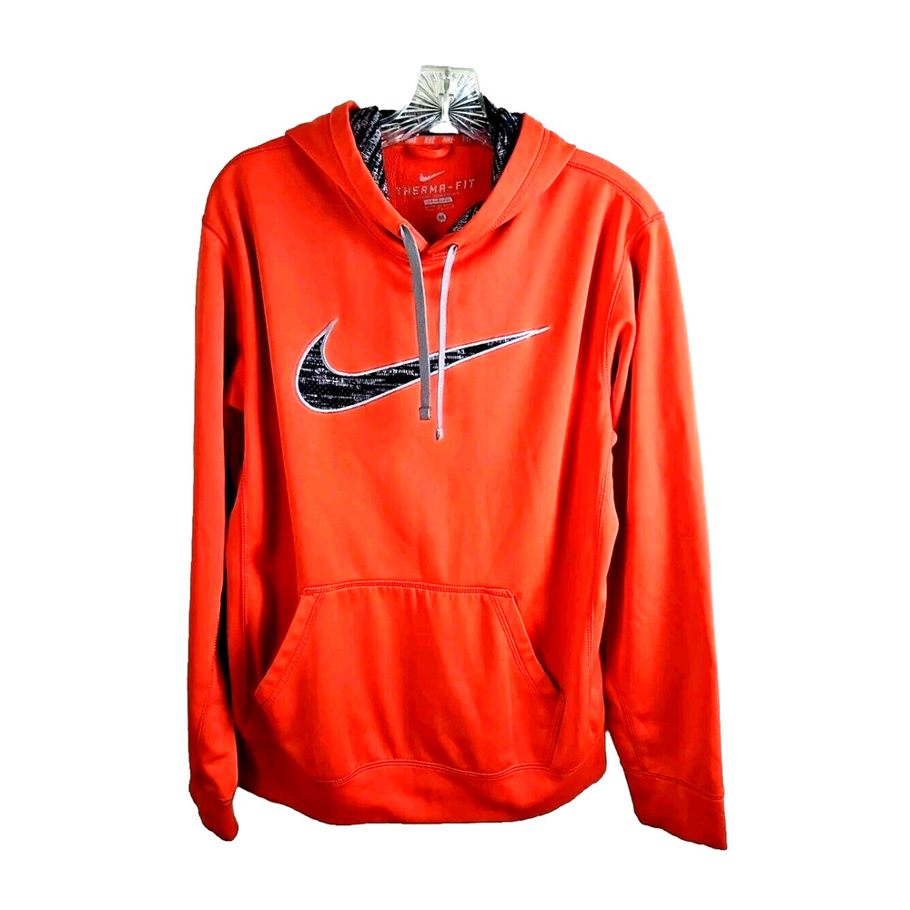 Nike Hoodie sweatshirt mens Sz Medium Orange Gray Therma-Fit KO Swoosh Pullover